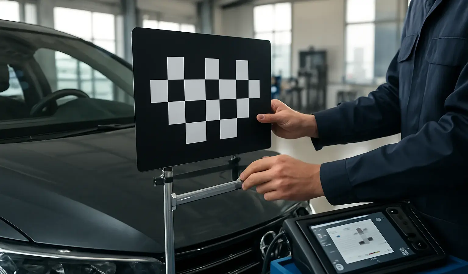 Un technicien positionne une cible de calibration devant le pare-brise d’une voiture en atelier.