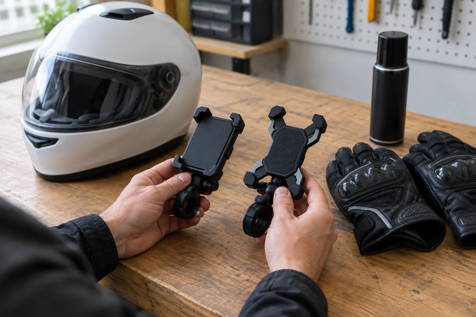 Des mains examinent des accessoires de moto avant de les comparer.