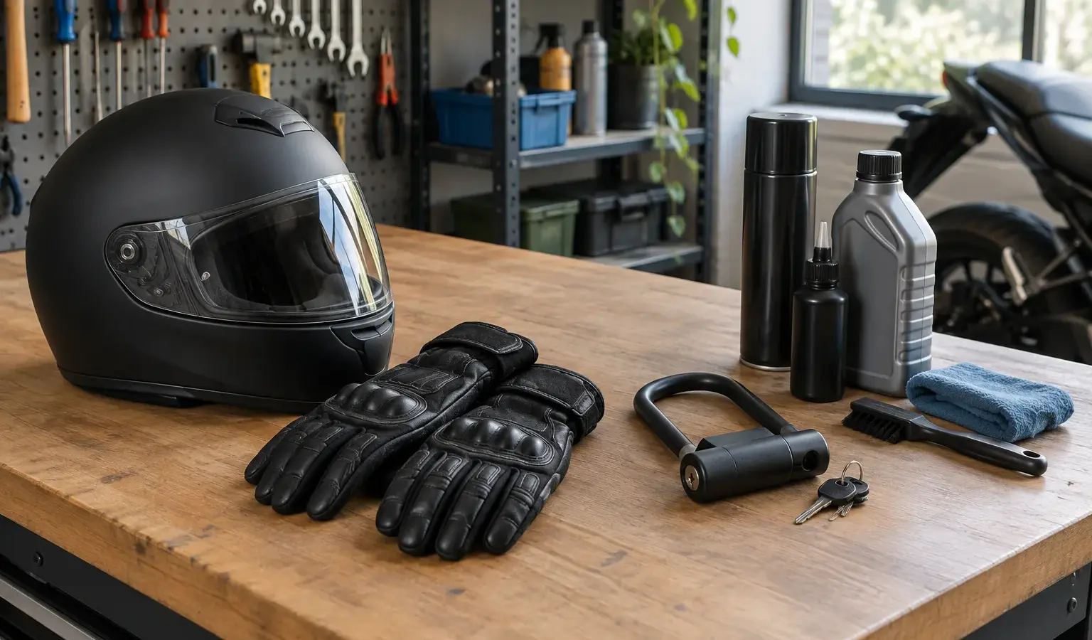 Casque, gants, antivol et produits d’entretien moto disposés sur un établi.